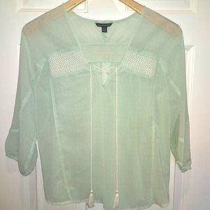 Sheer AE embroidered blouse with tassel-tie neck